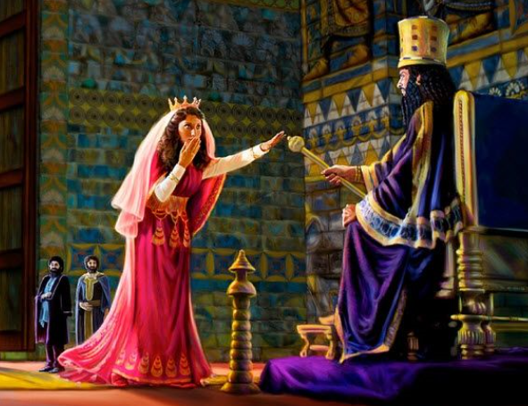 Esther approaches the king and he holds out his scepter, sparing her life